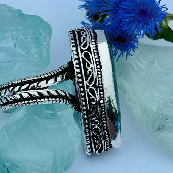 925 Sterling Teardrop Moss Agate Ring  Size 8.5 - Picture 4 of 7